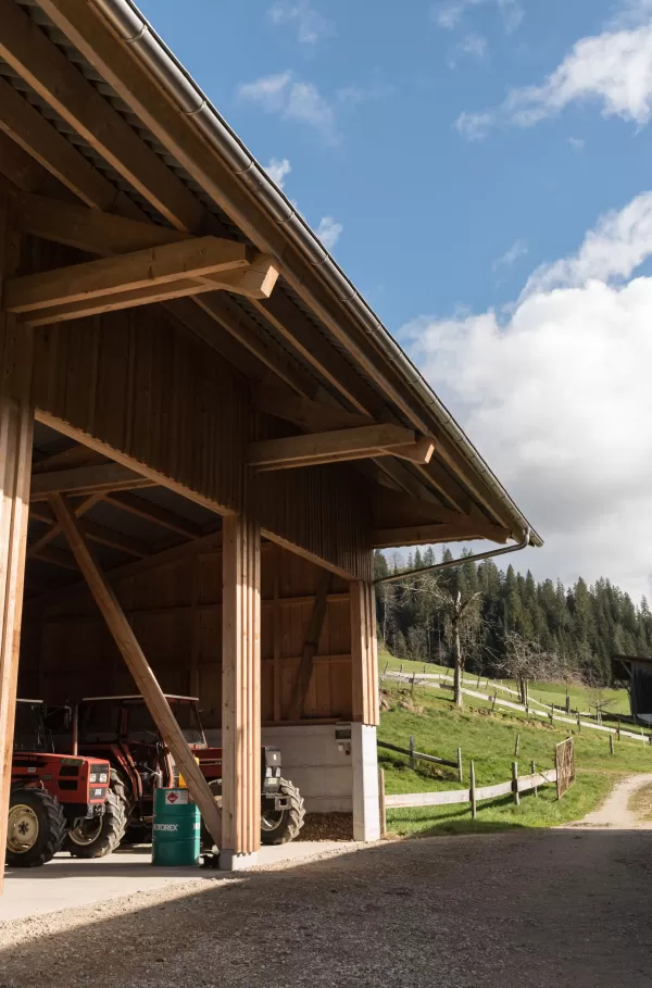  Neubau Wagenschopf. Der Bau ist gross genug das er platzt für die landwirtschaftlichen Fahrzeuge hat. Das Holz stammt alles aus dem Wald vom Bauherrschaft. Sehr schön zu sehen, wie sich hier die Wertschöpfungskette von a bis z durchzieht. Durch das eigene Holz und die Zimmerei aus dem Dorf ist dieser Wagenschopf auch sehr Nachhaltig - Kurze Transportwege.